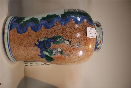 A Chinese wucai baluster vase, 19th century, H.39cm, cracks